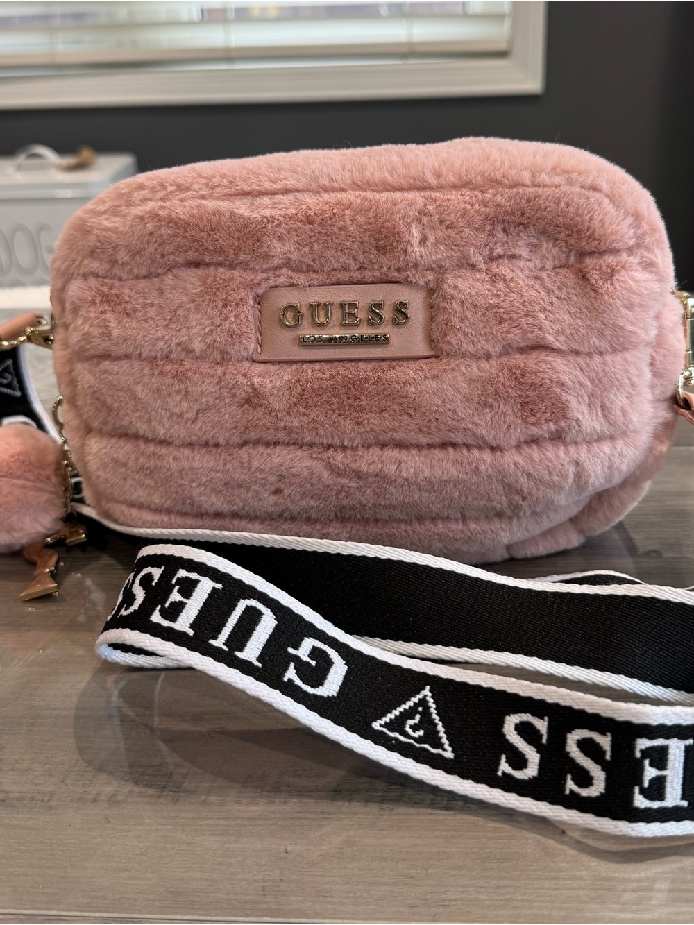 Guess Pink Faux Fur Crossbody with Branded Strap
